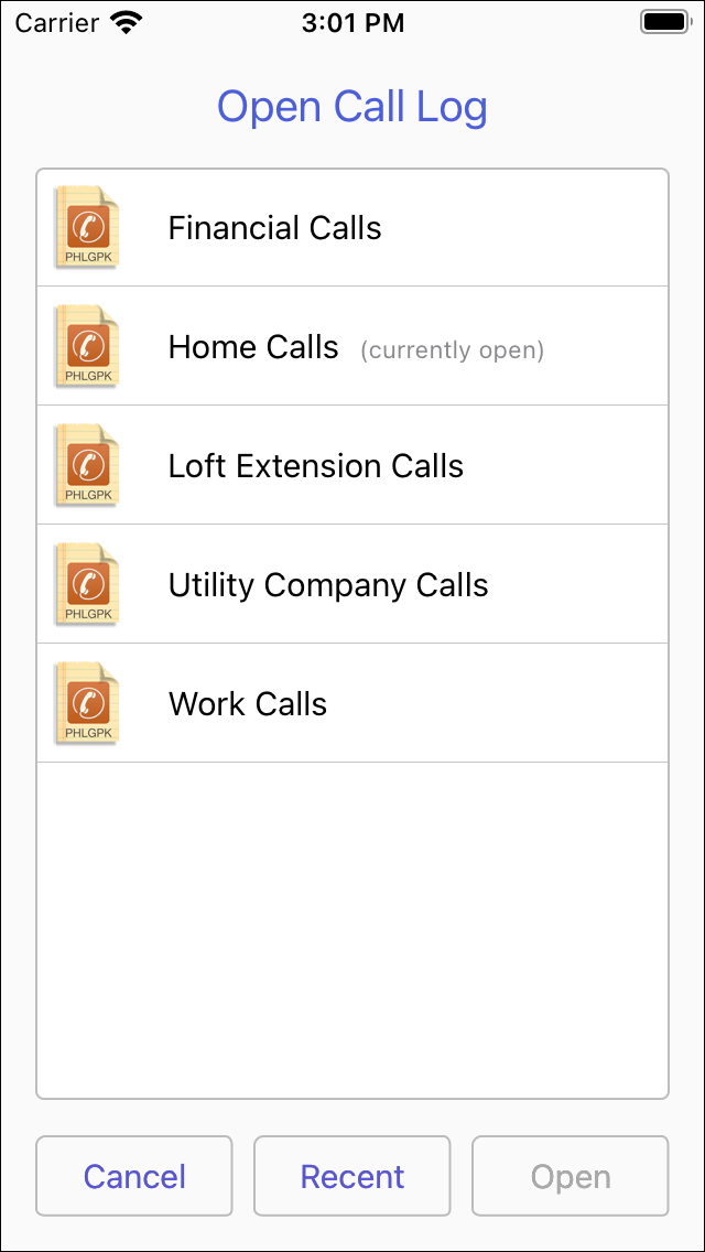 Open Call Log Screen image