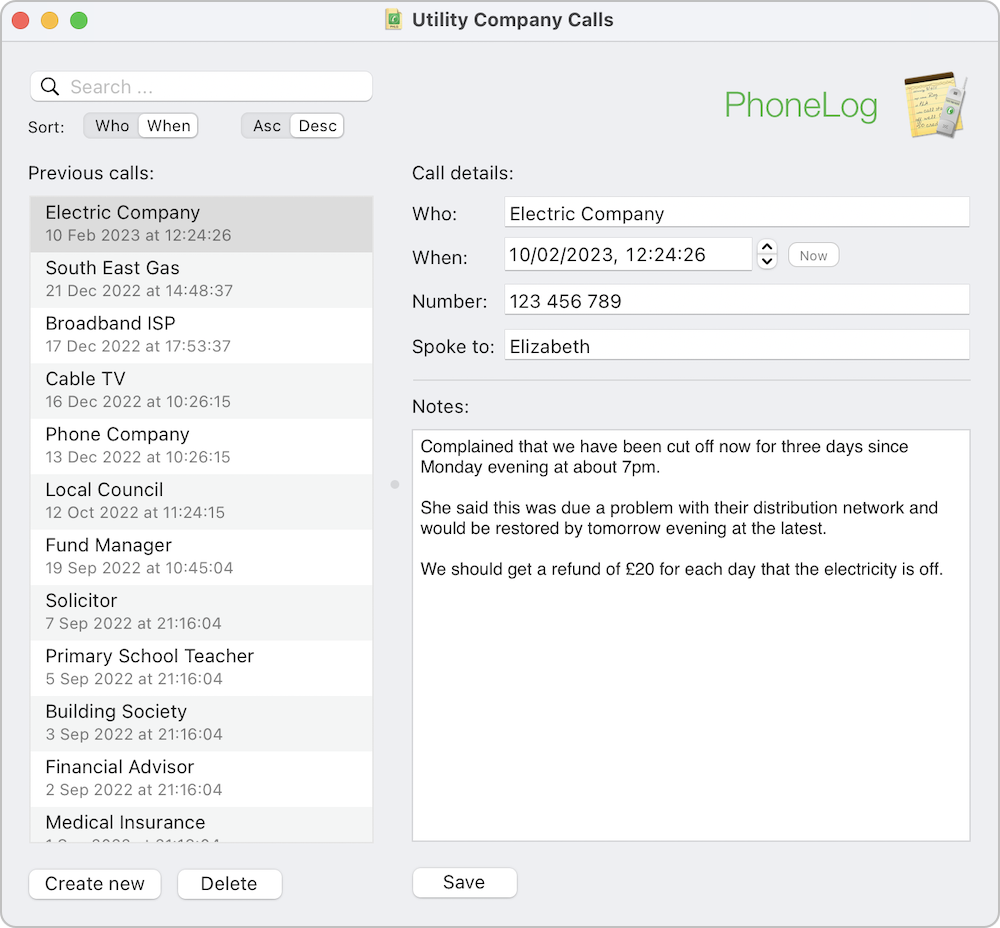 PhoneLog Screenshot